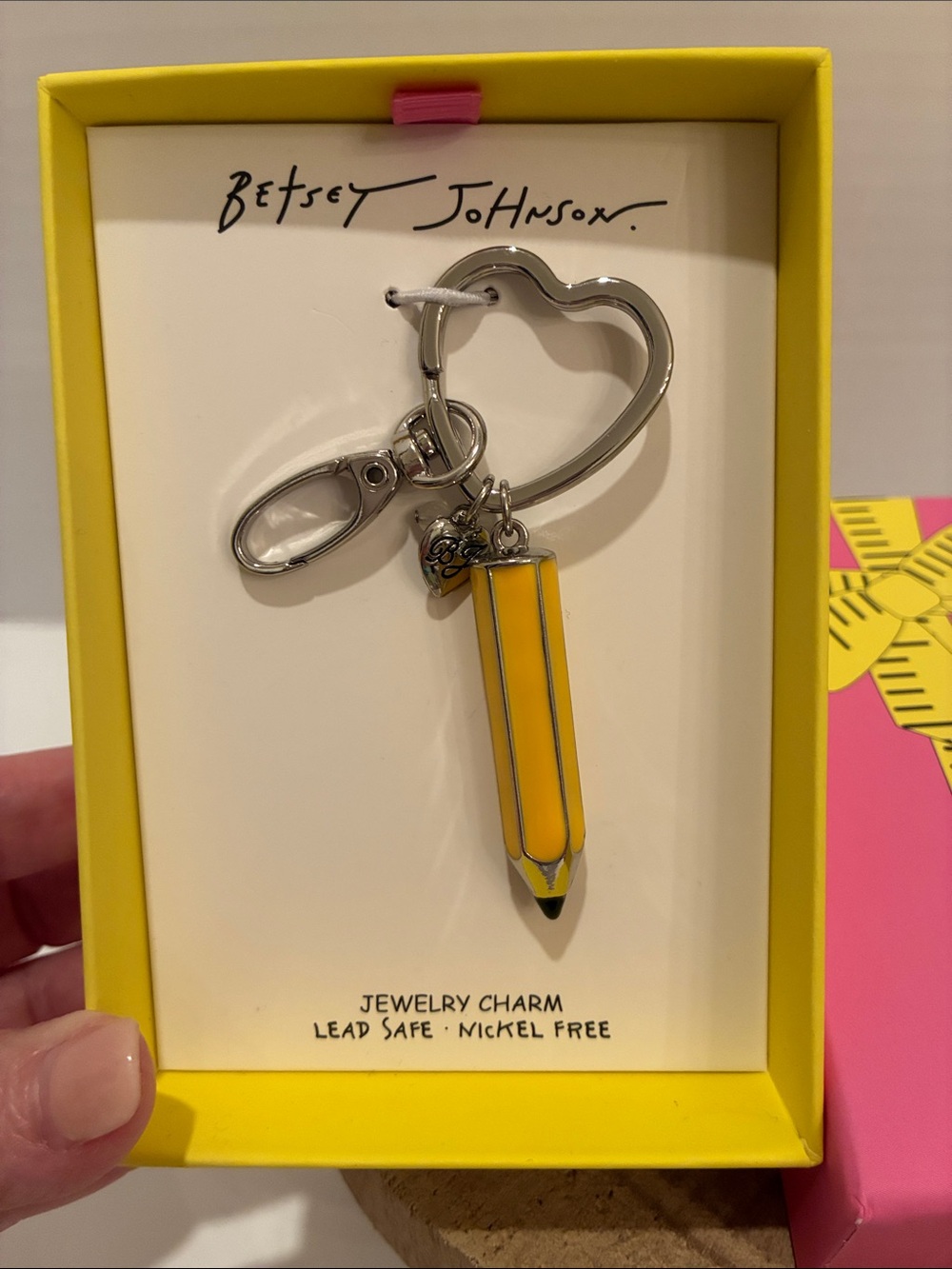 Betsey Johnson Yellow Enamel Pencil Keychain with Heart Ring